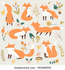 Vector set of cute foxes with forest plants in cartoon style