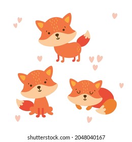 vector set of cute foxes on isolated background, children illustration