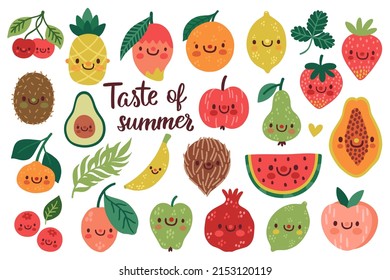 Vector set of cute fresh fruits. Summer collection of exotic fruits and berries. Bright card with summer organic food. Cute cartoon characters. Isolated on white. Juicy food icon set.