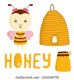 Vector set with cute friendly bee, hive, jar and lettering honey