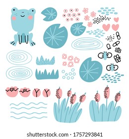 Vector set of cute frog character and his environment - lilies, reeds, flowers, water, mosquitoes in doodle style.