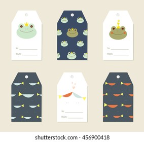 Vector set of cute frog and fish tag label banner card design, vector art illustration