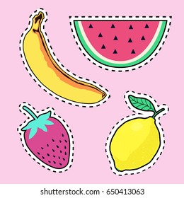 Vector set with cute fruit patch badges: banana, watermelon, lemon, strawberry. Trendy summer collection of stickers, pins, patches in cartoon comic style.