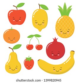 vector set of cute fruit. very sweet apple, watermelon, avocado, pear, lemon, strawberry, pineapple.