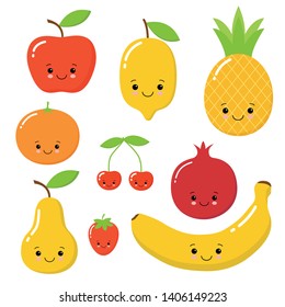 vector set of cute fruit. very sweet apple, watermelon, avocado, pear, lemon, strawberry, pineapple.