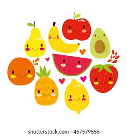 vector set of cute fruit. very sweet apple, watermelon, avocado, pear, lemon, strawberry, pineapple. for textures, textiles, fabrics, packaging, background, web design. summer fresh