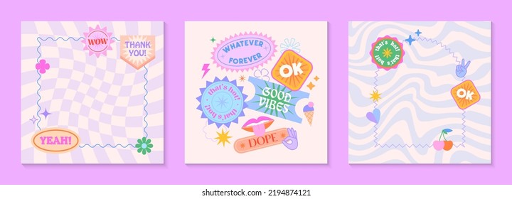 Vector set of cute fun templates with frames,patches,stickers in 90s style.Modern symbols in y2k aesthetic with text.Trendy groovy designs for banners,social media marketing,branding,packaging,covers