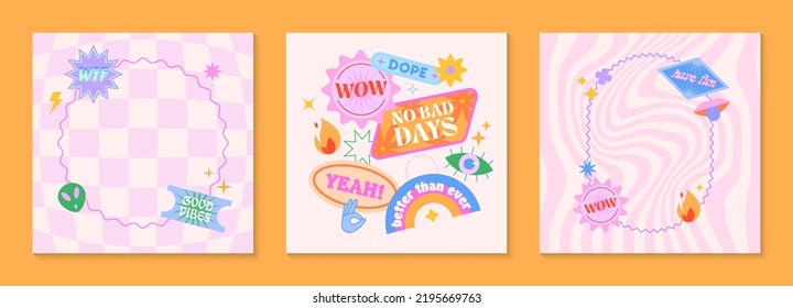 Vector set of cute fun templates with frames,patches,stickers in 90s style.Modern symbols in y2k aesthetic with text.Trendy groovy designs for banners,social media marketing,branding,packaging,covers