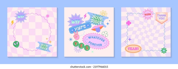 Vector set of cute fun templates with frames,patches,stickers in 90s style.Modern symbols in y2k aesthetic with text.Trendy groovy designs for banners,social media marketing,branding,packaging,covers