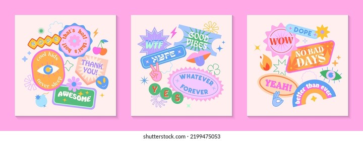 Vector set of cute fun templates with patches and stickers in 90s style.Modern symbols in aesthetic with text.Trendy kidcore designs for banners,social media marketing,branding,packaging,covers