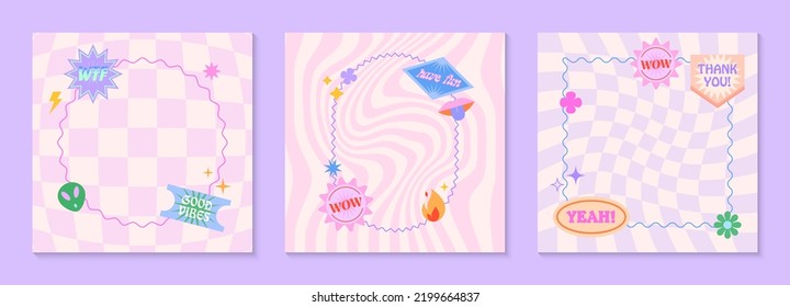 Vector set of cute fun templates with frames,patches,stickers in 90s style.Modern symbols in y2k aesthetic with text.Trendy groovy designs for banners,social media marketing,branding,packaging,covers