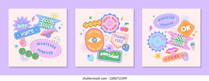 Vector set of cute fun templates with patches and stickers in 90s style.Modern symbols in y2k aesthetic with text.Trendy kidcore designs for banners,social media marketing,branding,packaging,covers