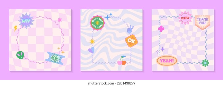 Vector set of cute fun templates with frames,patches,stickers in 90s style.Modern symbols in y2k aesthetic with text.Trendy groovy designs for banners,social media marketing,branding,packaging,covers