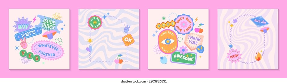 Vector set of cute fun templates with frames,patches,stickers in 90s style.Modern symbols in y2k aesthetic with text.Trendy groovy designs for banners,social media marketing,branding,packaging,covers