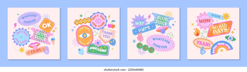 Vector set of cute fun templates with patches and stickers in 90s style.Modern symbols in y2k aesthetic with text.Trendy kidcore designs for banners,social media marketing,branding,packaging,covers