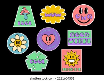 Vector set of cute fun templates with patches and stickers in 90s style.Geek hipster vaporwave stickers in geometric shapes. Modern symbols in y2k aesthetic with text.