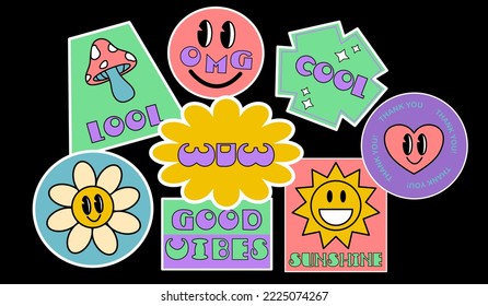 Vector set of cute fun templates with patches and stickers in 90s style.Geek hipster vaporwave stickers in geometric shapes. Modern symbols in y2k aesthetic with text.