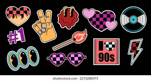 Vector set of cute fun templates with patches and stickers in 90s style. Vector illustration of y2k.  Funky, hipster retrowave stickers in geometric shapes. Pop Art Set Sticker Pack.