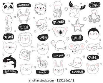 Vector set of cute funny animals and text. Sticker collection with adorable doodle objects on background. Valentine's day, anniversary, baby shower, bridal, birthday
