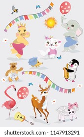  Vector set with cute funny animals in cartoon style. Giraffe, elephant, hippo, hedgehog, cat, lamb etc. Birthday elements. 