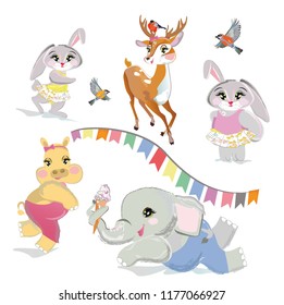  Vector set with cute funny animals in cartoon style. Rabbit, elephant, hippo, hedgehog, deers, lamb etc. 