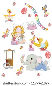  Vector set with cute funny animals in cartoon style. Pretty girl, ducks, elephant etc. Birthday elements. 
