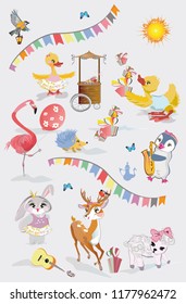  Vector set with cute funny animals in cartoon style. Ducks, deer, penguin, hedgehog, hare, lamb etc. Birthday elements. 