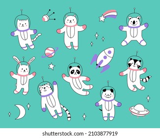 Vector set of cute funny animals astronauts in space suits with stars, planet, satellite, rocket, spaceship. Hand drawn vector illustration. Flat design.