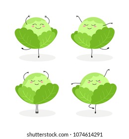 Vector set of cute funny cartoon cabbages dancing ballet isolated on white background