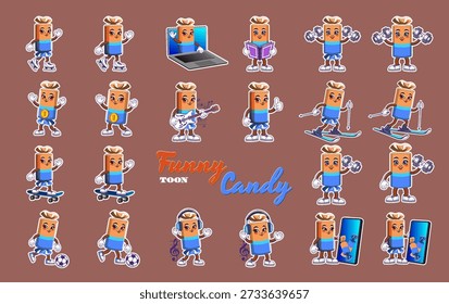 Vector set of cute, funny cartoon candies in various situations. Collection of stickers. Sports, skiing, football, skating, music, guitar and dumbbells. Computer, smartphone, book and skateboard