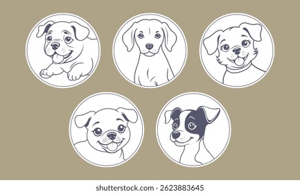 Vector set of cute funny cheerful friendly graphic cartoon puppies. Pedigree dogs. Domestic toon pets. Collection of round stickers or icons.