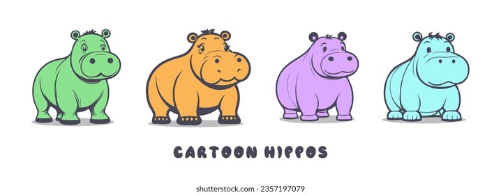 Vector set of cute funny colored cartoon little hippos. Herd of hippopotamuses. Icons or stickers. White isolated background.