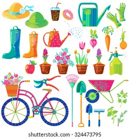 Vector set of  cute funny colorful gardening tools, clothes, vegetables, herbs and cute bicycle. Can be used for fabrics, wallpapers, stickers, cards, design and decoration.
