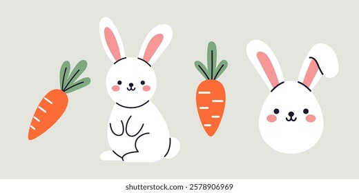 Vector set of a cute funny easter bunnies and carrots in flat design. Collection of funny baby rabbits perfect for spring and easter decorations.