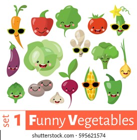 Vector set of cute funny food icons. Smiling vegetables. 