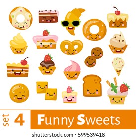Vector Set Of Cute Funny Food Icons. Smiling Sweets. 