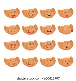 Vector set of cute funny food icons. Croissant emoticon.