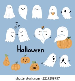 Vector Set Of Cute Funny Ghost Characters With Different Emotions and Faces. Magical Creepy Spirits and Pumpkins. Cartoon Flat Spooky Poltergeists. Halloween Print For Children. Couple Ghosts In Love.