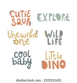 conjunto vectorial de lindos y divertidos textos de letras de dinosaurios dibujados a mano, ilustración para niños, colección de citas