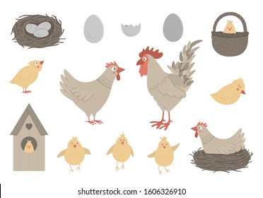 Vector set of cute funny hen and rooster with little chicks, eggs, nest. Spring or Easter funny illustration. Collection of design elements for Christian holiday