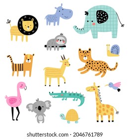 vector set of cute and funny jungle animals in scandinavian style