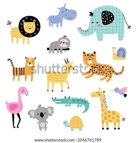 vector set of cute and funny jungle animals in scandinavian style