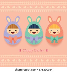 Vector set of cute and funny kids in Easter theme costumes / Happy Easter greeting card / Easter theme background.