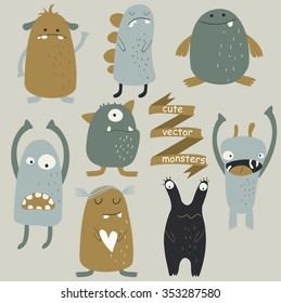 Vector set of cute funny monsters in cartoon style