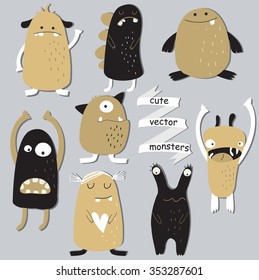 Vector set of cute funny monsters in cartoon style