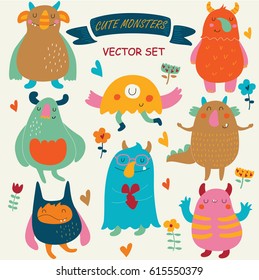Vector set of cute funny monsters in cartoon style