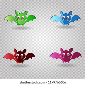 Vector set of cute funny multi colored smiling bats. Green, blue, purple, red bat characters on transparent background. Halloween digital design elements, clip art, icons, template for greeting card