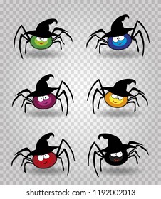 Vector set of cute funny multi colored smiling spiders in halloween witch hat. Green, blue, purple, red, yellow and black spider characters on transparent background. Design elements, clip art