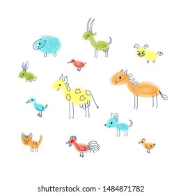 Vector set of cute funny multicolored bright domesticated animals. Child-style hand drawing. Sheep, goat, pig, rabbit, duck, goose, cow, horse, cat, rooster, dog, chicken Isolated on a white backgroun