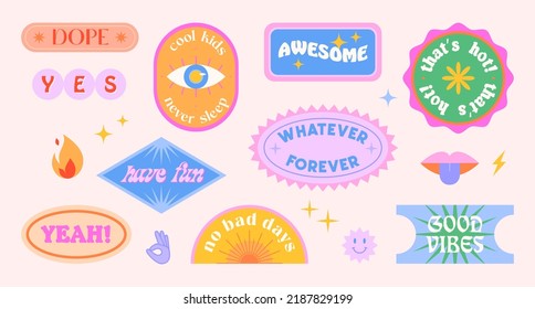 Vector Set Of Cute Funny Patches And Stickers In 90s Style.Modern Icons Or Symbols In Y2k Aesthetic With Text.Trendy Kidcore Designs For Banners,social Media Marketing,branding,packaging,covers